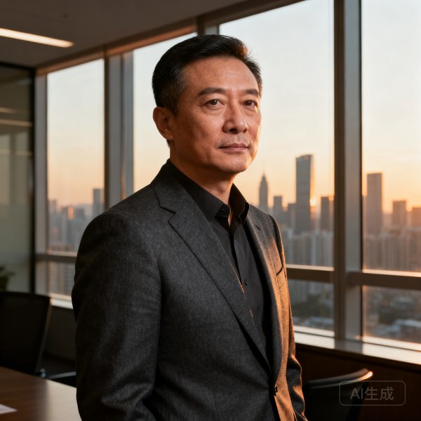 华体会创始人兼CEO周明远的半身肖像照，他约四十岁，穿着深灰色西装，眼神坚定，背景是华体会深圳办公室的落地窗，窗外可见城市天际线