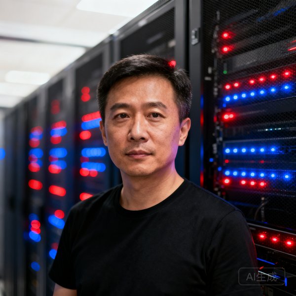 华体会CTO林海生的半身肖像照，他三十五岁左右，穿着黑色T恤，留着一头短发，表情专注，身处服务器机房，身后是闪烁的机柜指示灯