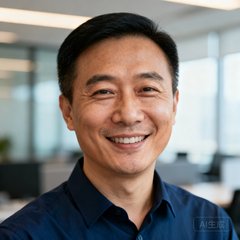 一位四十岁左右的中国男性商务人士头像照片，他穿着深蓝色衬衫，面带微笑，背景是现代化的办公室环境，光线柔和自然